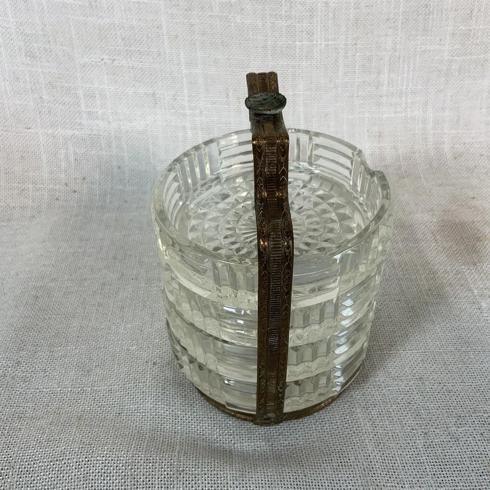Vintage 4‎  Glass  Coasters With Filigree Brass Carrying Tray, Retro Barware